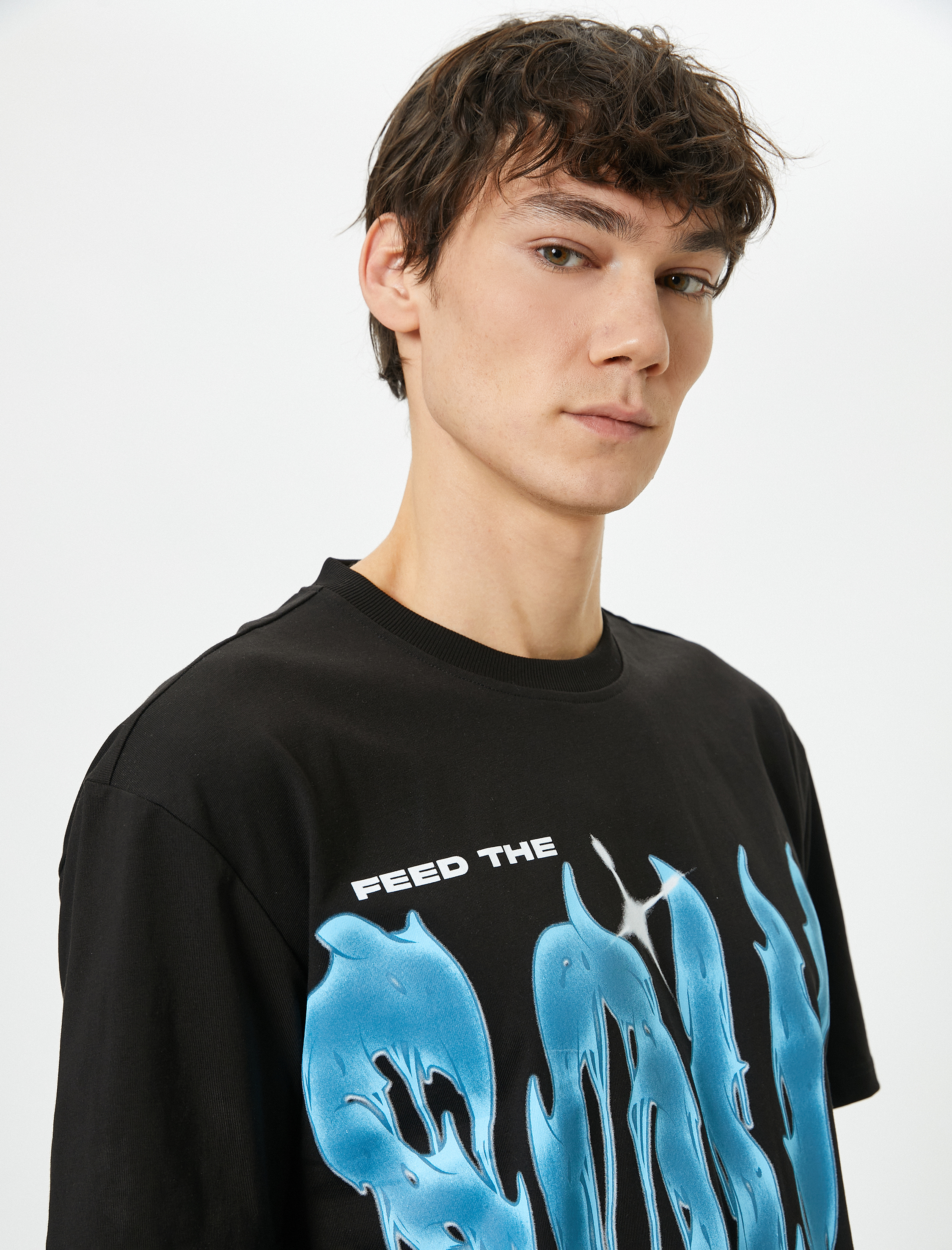   Oversize Tişört Slogan Baskılı Bisiklet Yaka Kısa Kollu