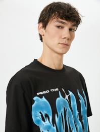 Oversize Tişört Slogan Baskılı Bisiklet Yaka Kısa Kollu