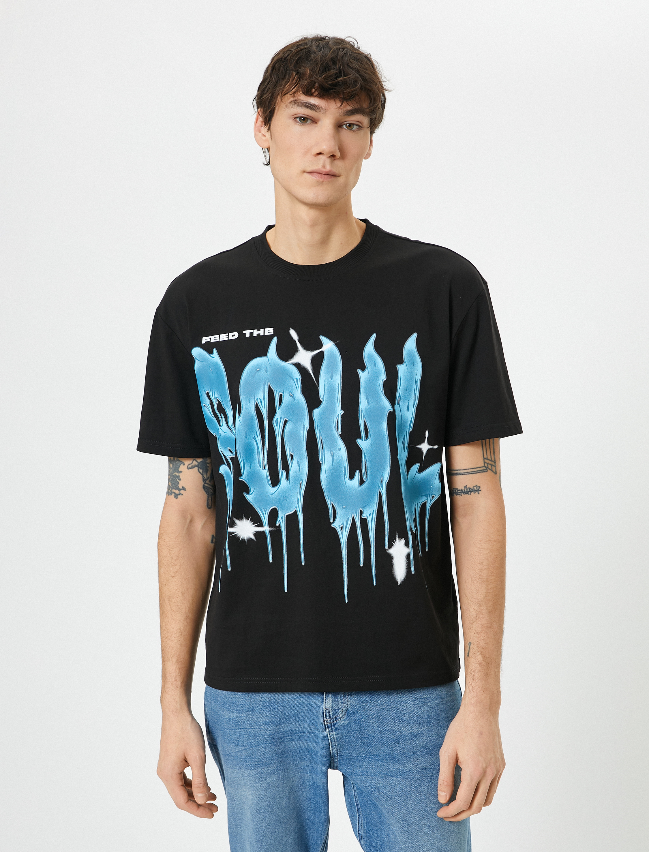   Oversize Tişört Slogan Baskılı Bisiklet Yaka Kısa Kollu