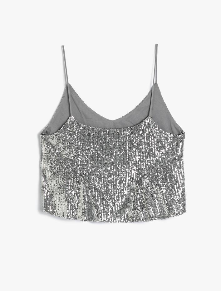  Pullu Payetli Crop Üst İnce Askılı Dökümlü