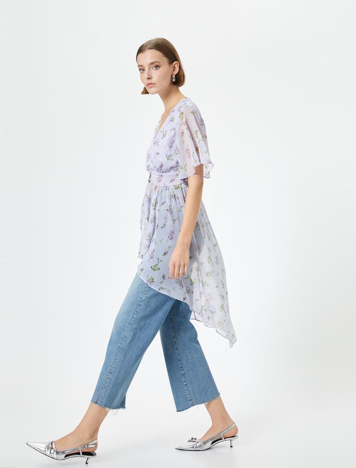  Çiçekli Şifon Bluz Asimetrik Kesim Derin V Yaka Düğmeli Fırfırlı