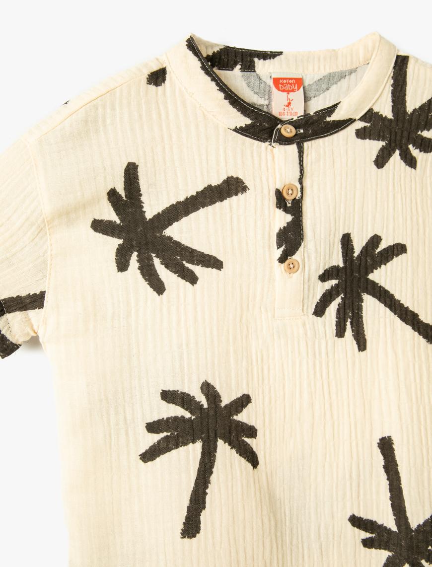  Erkek Bebek Gömlek Palmiye Baskılı Düğme Detaylı Dokulu Pamuklu