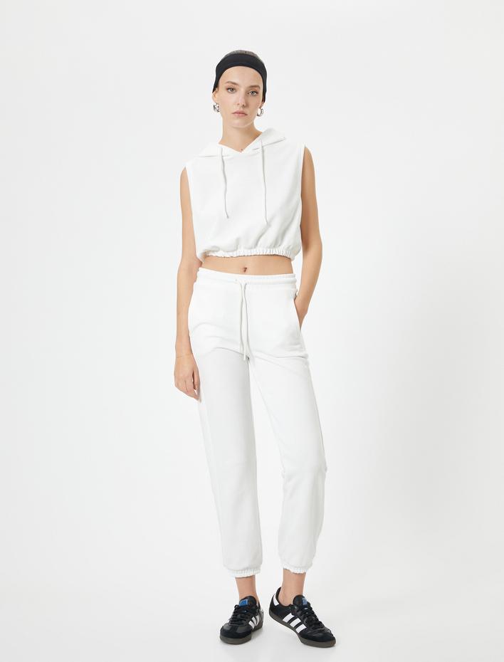  Kapüşonlu Crop Sweatshirt Beli Lastikli Kolsuz