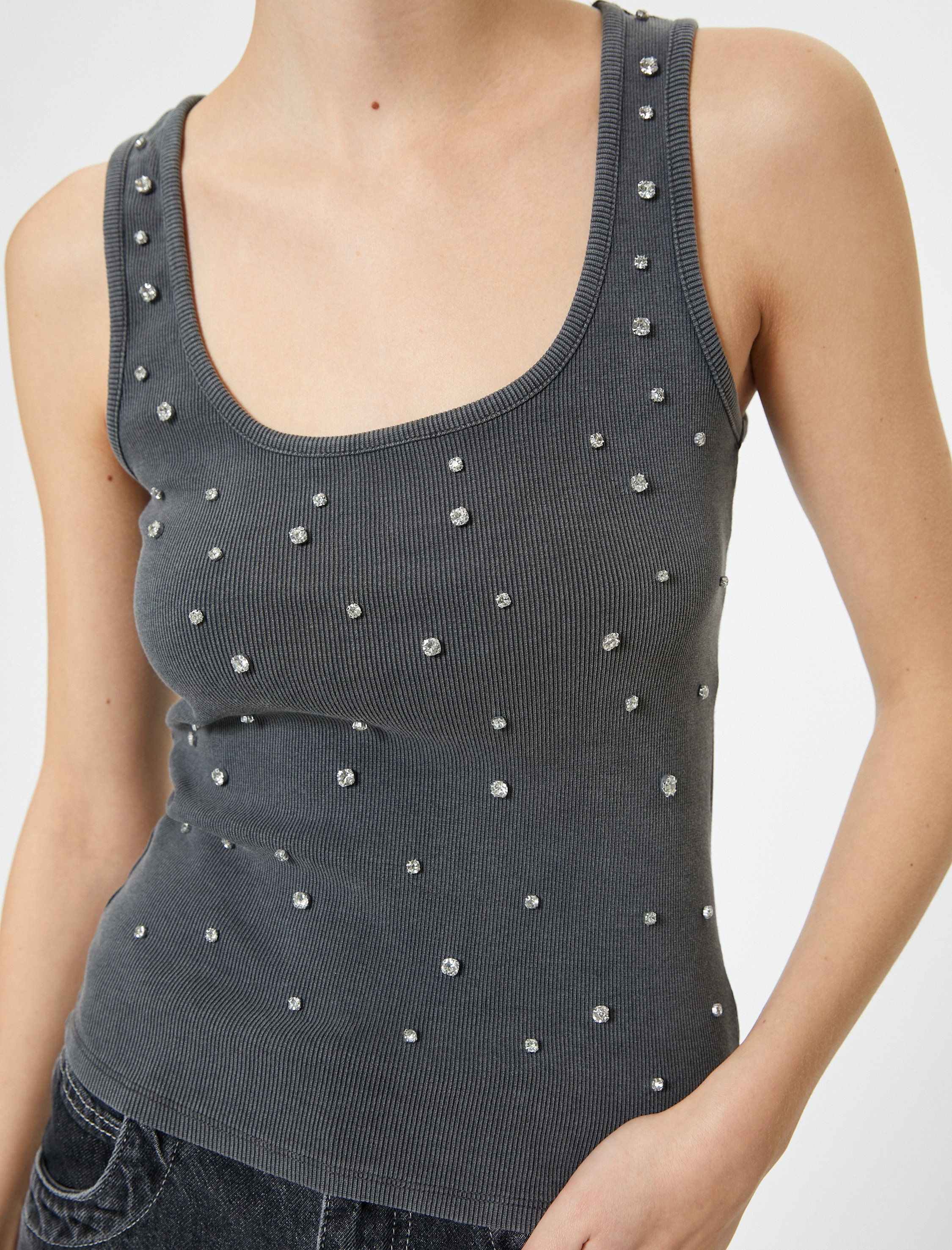   Parlak Taşlı Atlet Kalın Askılı Kare Yaka Pamuklu