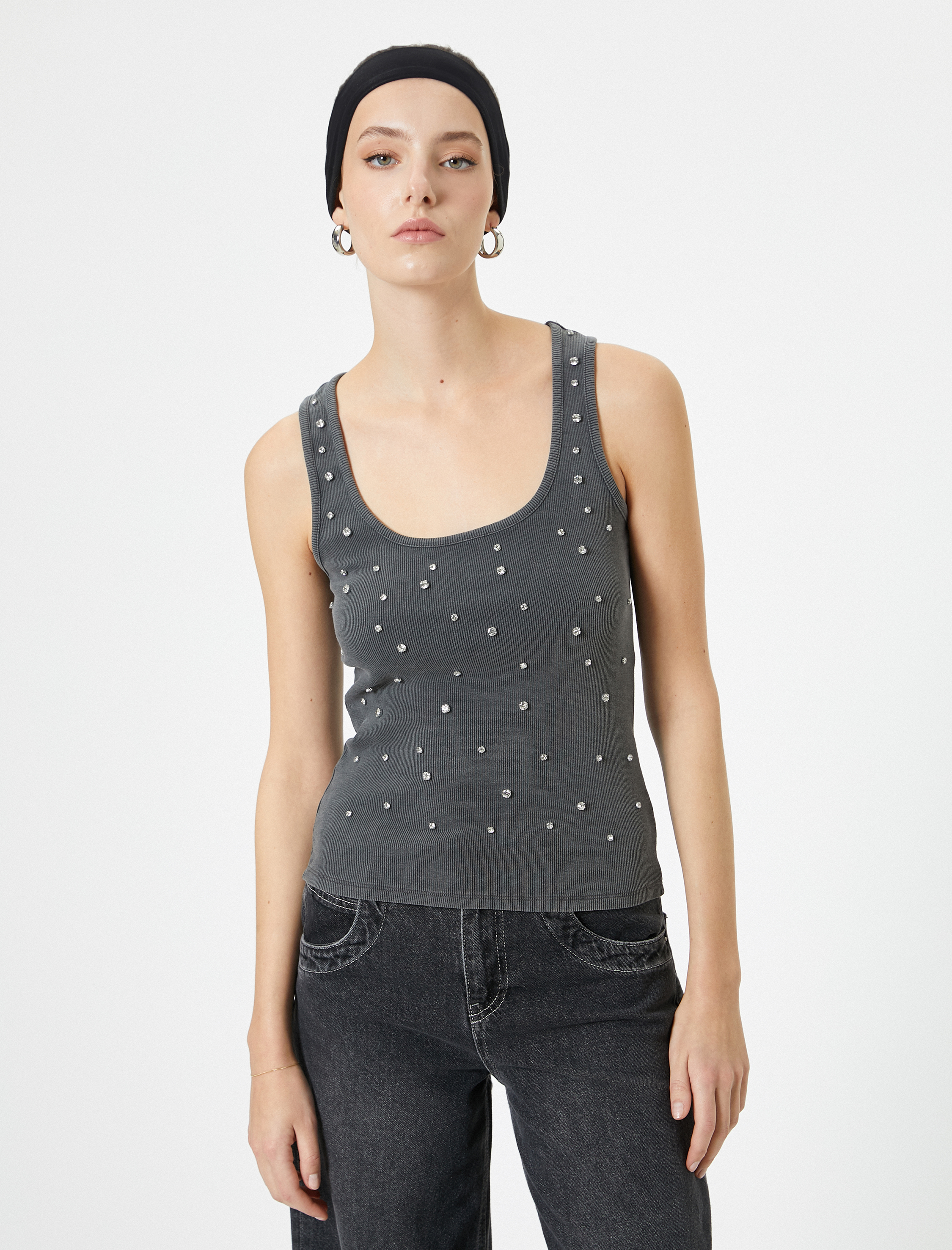   Parlak Taşlı Atlet Kalın Askılı Kare Yaka Pamuklu