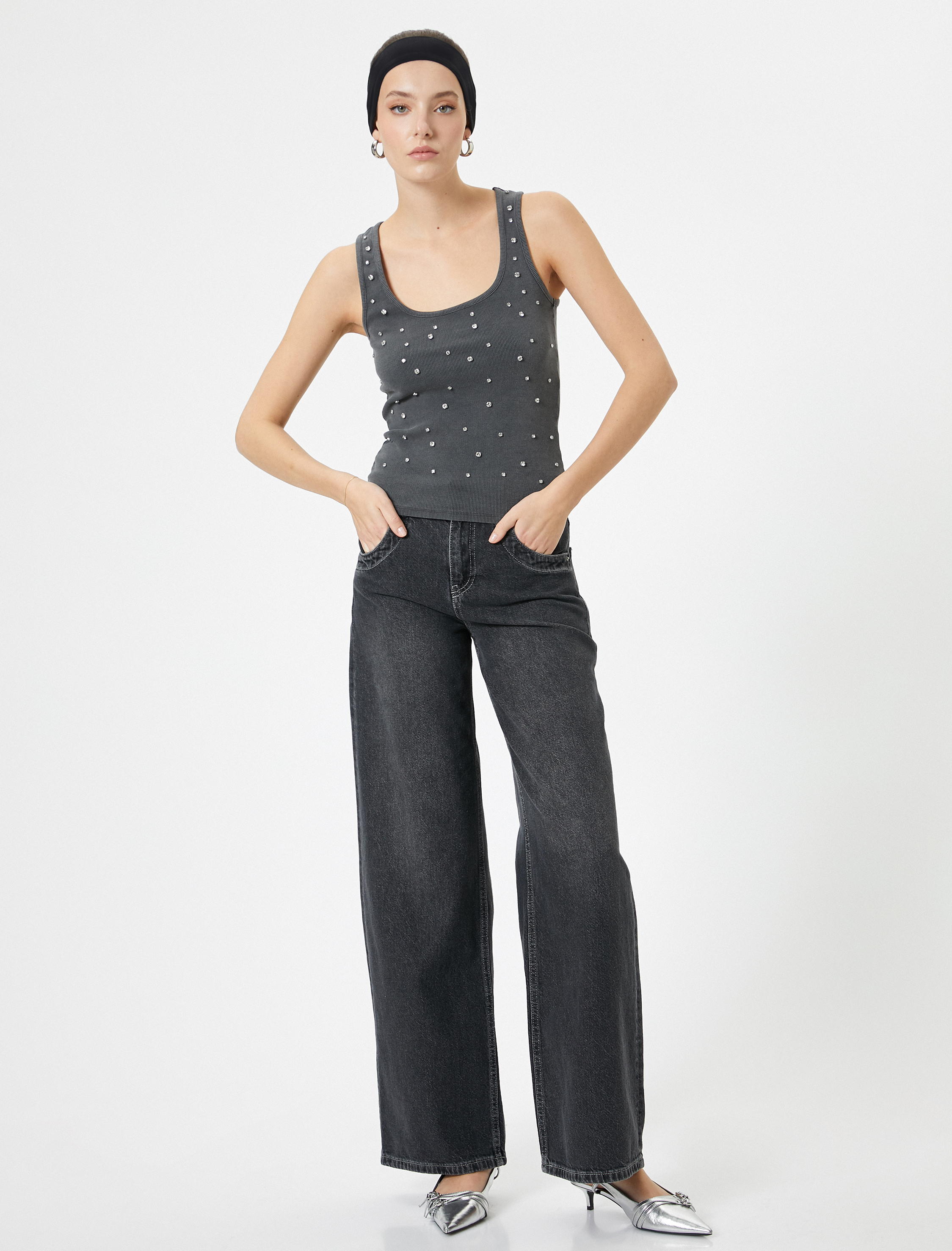   Parlak Taşlı Atlet Kalın Askılı Kare Yaka Pamuklu