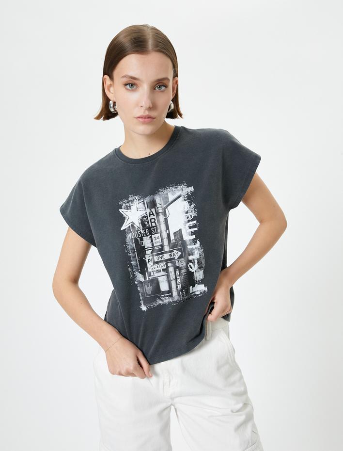  Baskılı Tişört Kısa Kollu Bisiklet Yaka Pamuklu Standart Kesim