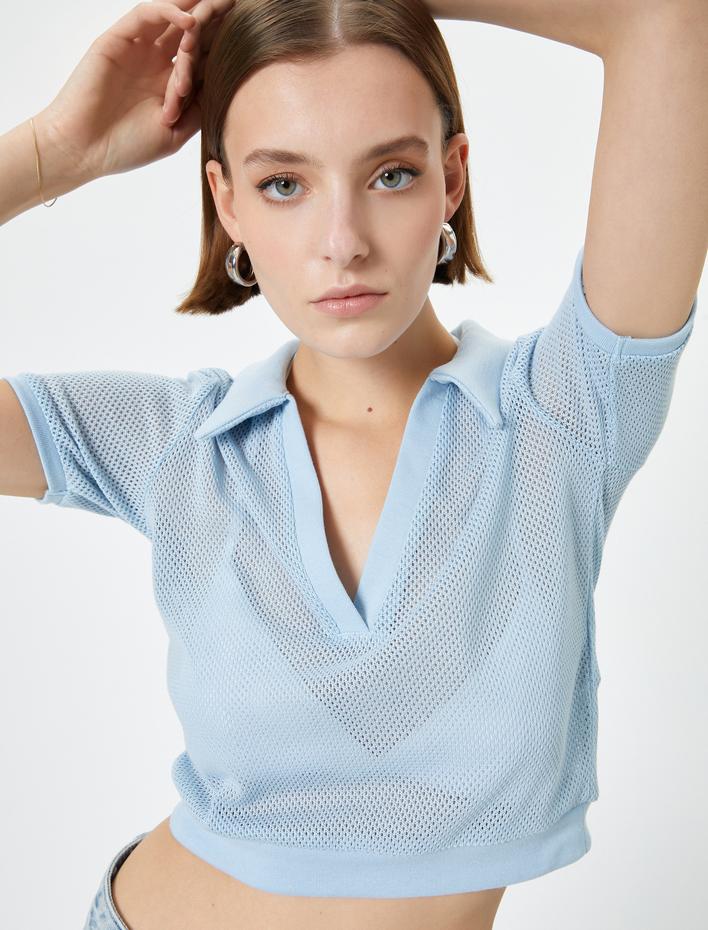 Crop File Tişört Polo Yaka Kısa Kollu