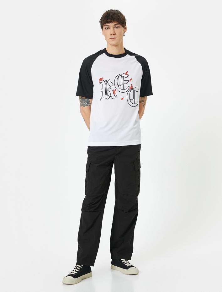  Oversize Tişört Slogan Baskılı Bisiklet Yaka Reglan Kollu