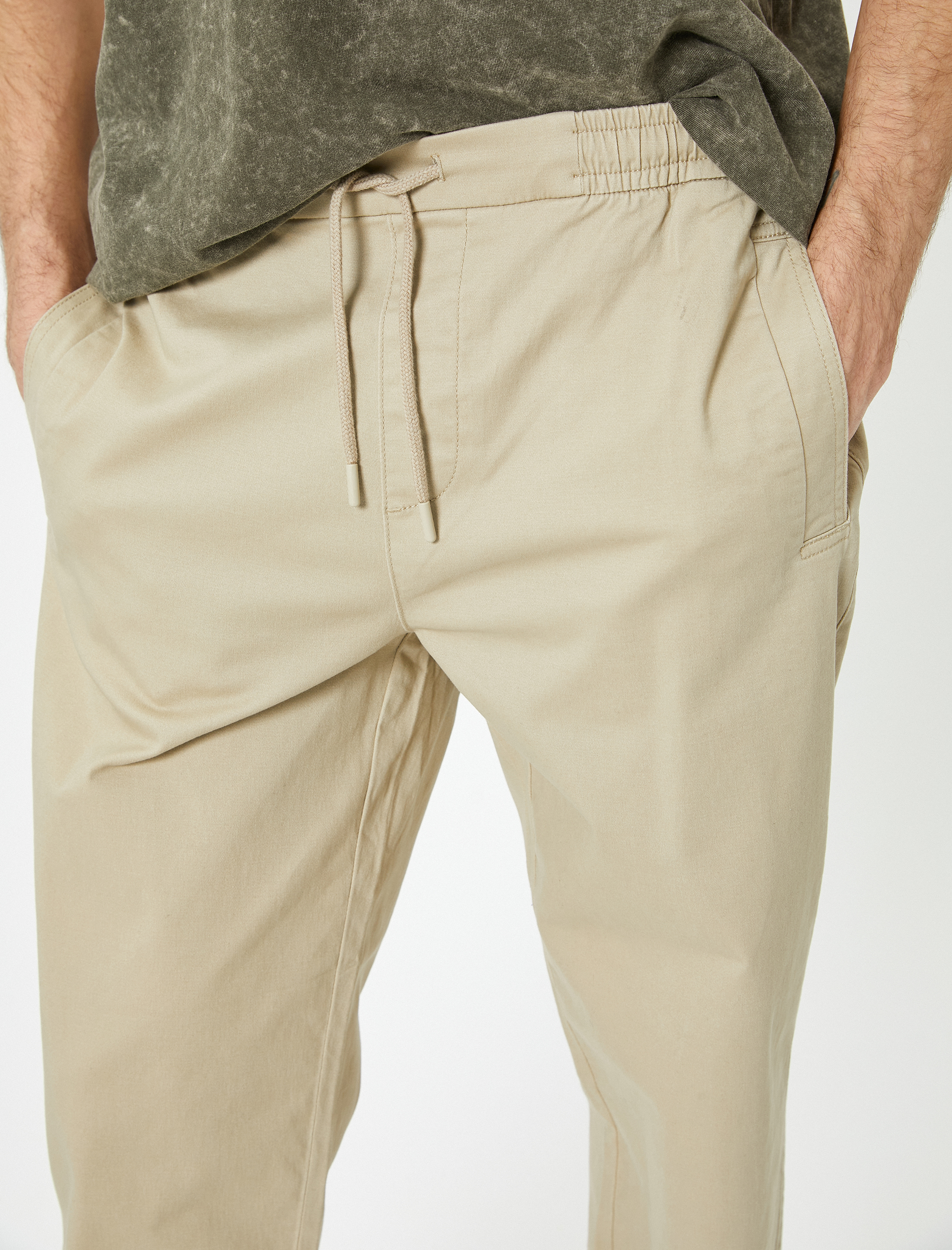   Jogger Pantolon Slim Fit Chino Beli Bağcıklı Cep Detaylı