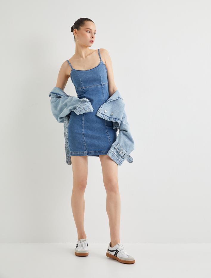  Askılı Mini Kot Elbise Pamuklu Slim Fit U Yaka