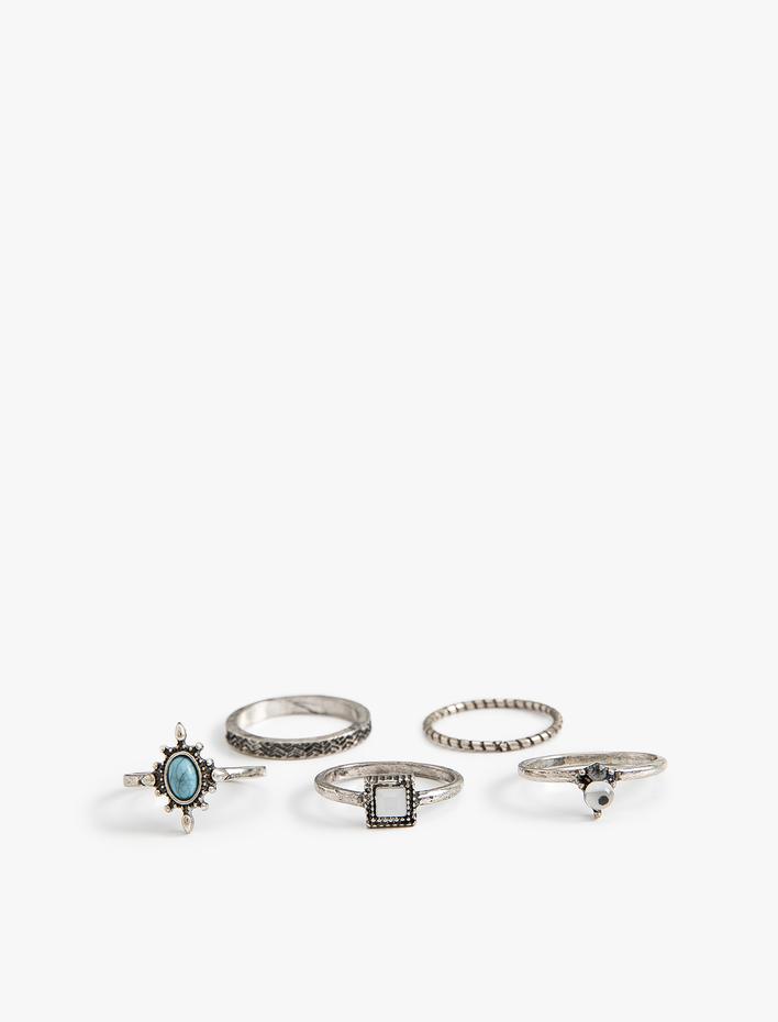 Kadın Yüzük Seti 5'li Taş Detaylı Çelik Karışımlı