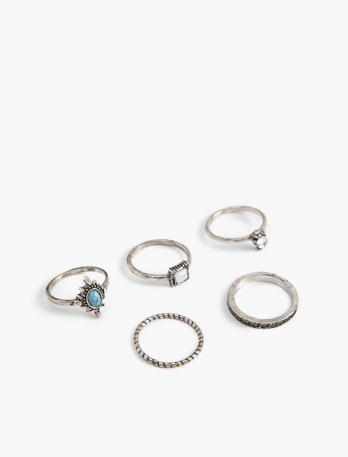 Kadın Yüzük Seti 5'li Taş Detaylı Çelik Karışımlı