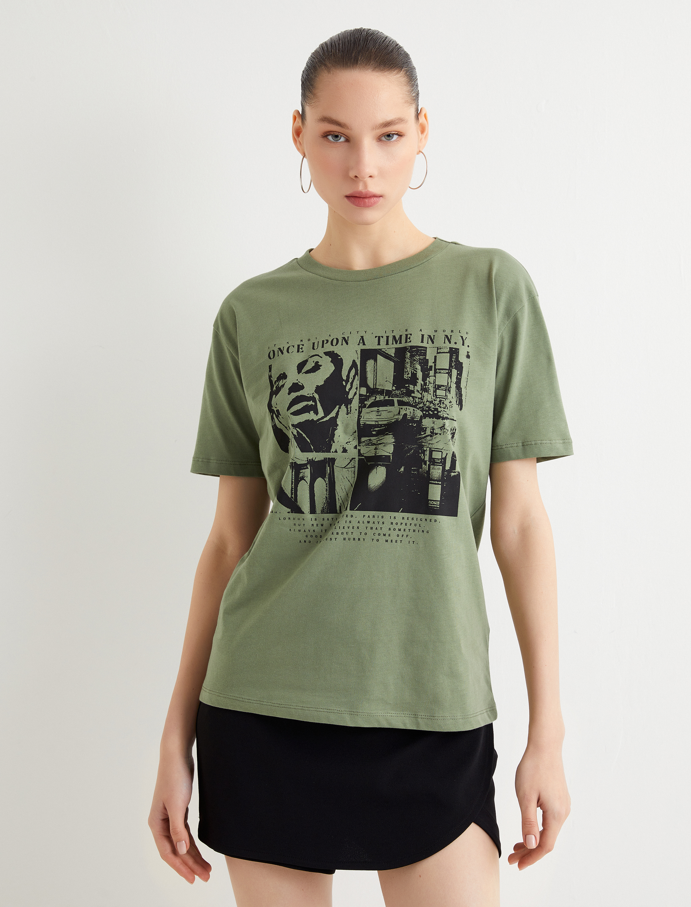   Baskılı Tişört Kısa Kollu Bisiklet Yaka Pamuklu