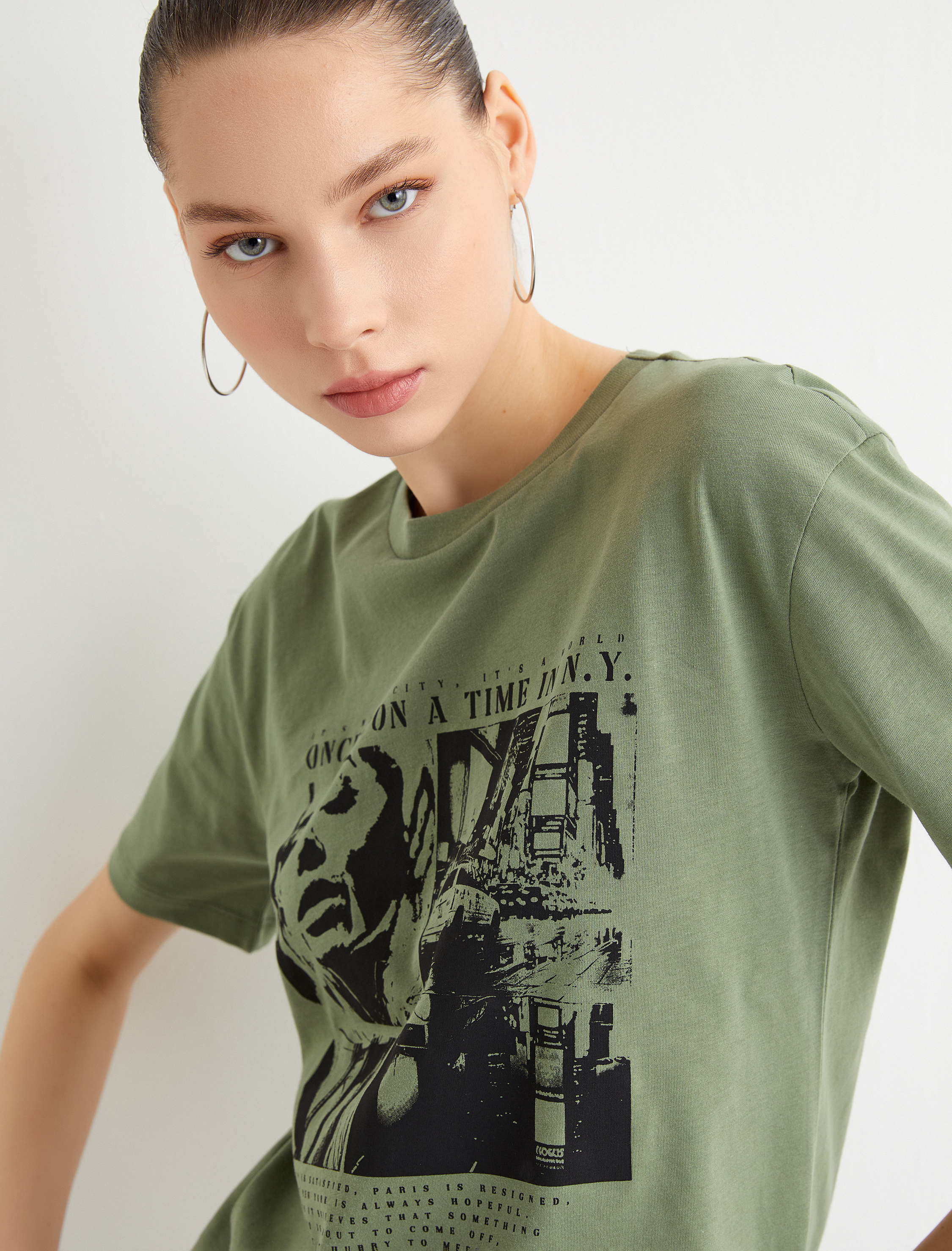   Baskılı Tişört Kısa Kollu Bisiklet Yaka Pamuklu