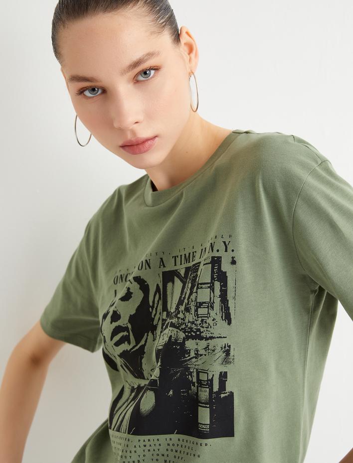  Baskılı Tişört Kısa Kollu Bisiklet Yaka Pamuklu