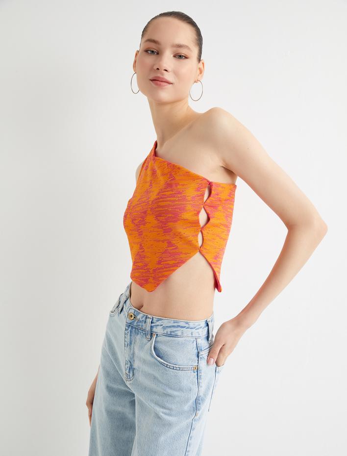  Tek Omuz Crop Üst Crop Dokuma Asimetrik Kesim Yandan Pencere Detaylı