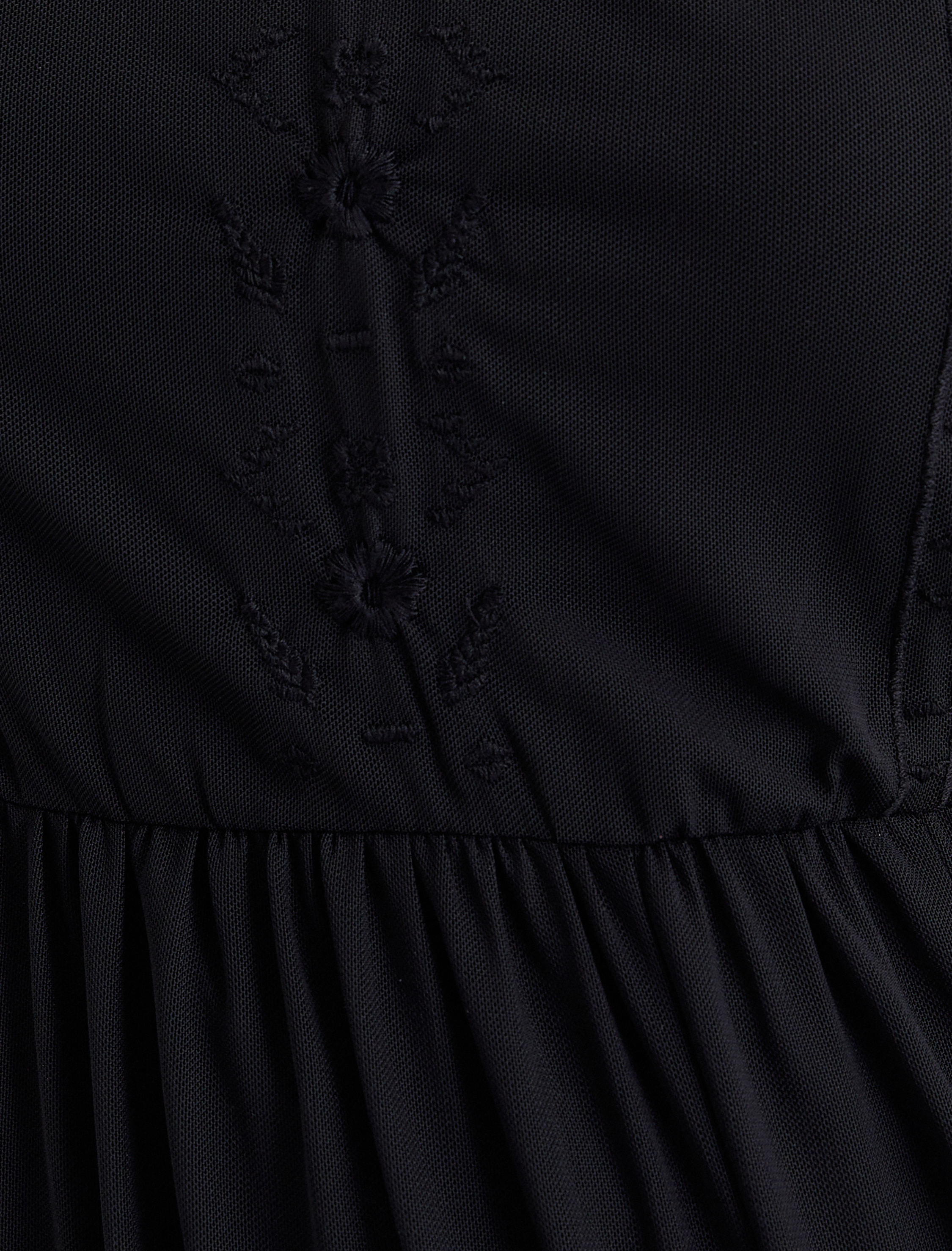   Maksi Tül Elbise Astarlı Kısa Balon Kollu İşlemeli Katlı Fırfırlı