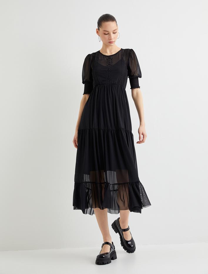  Maksi Tül Elbise Astarlı Kısa Balon Kollu İşlemeli Katlı Fırfırlı