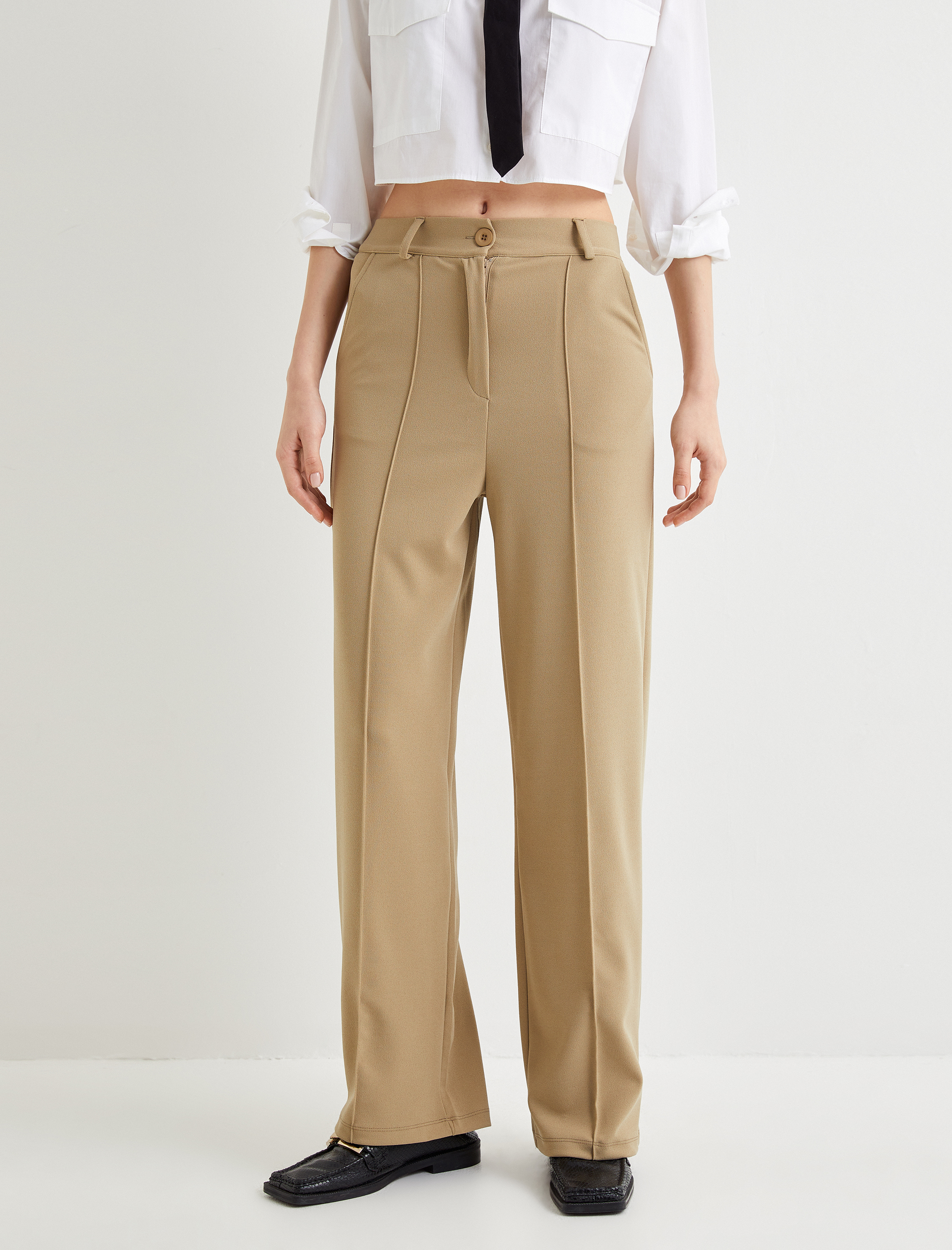   Kumaş Pantolon Yüksek Bel Geniş Paça Rahat Kalıp Nervürlü Cepli