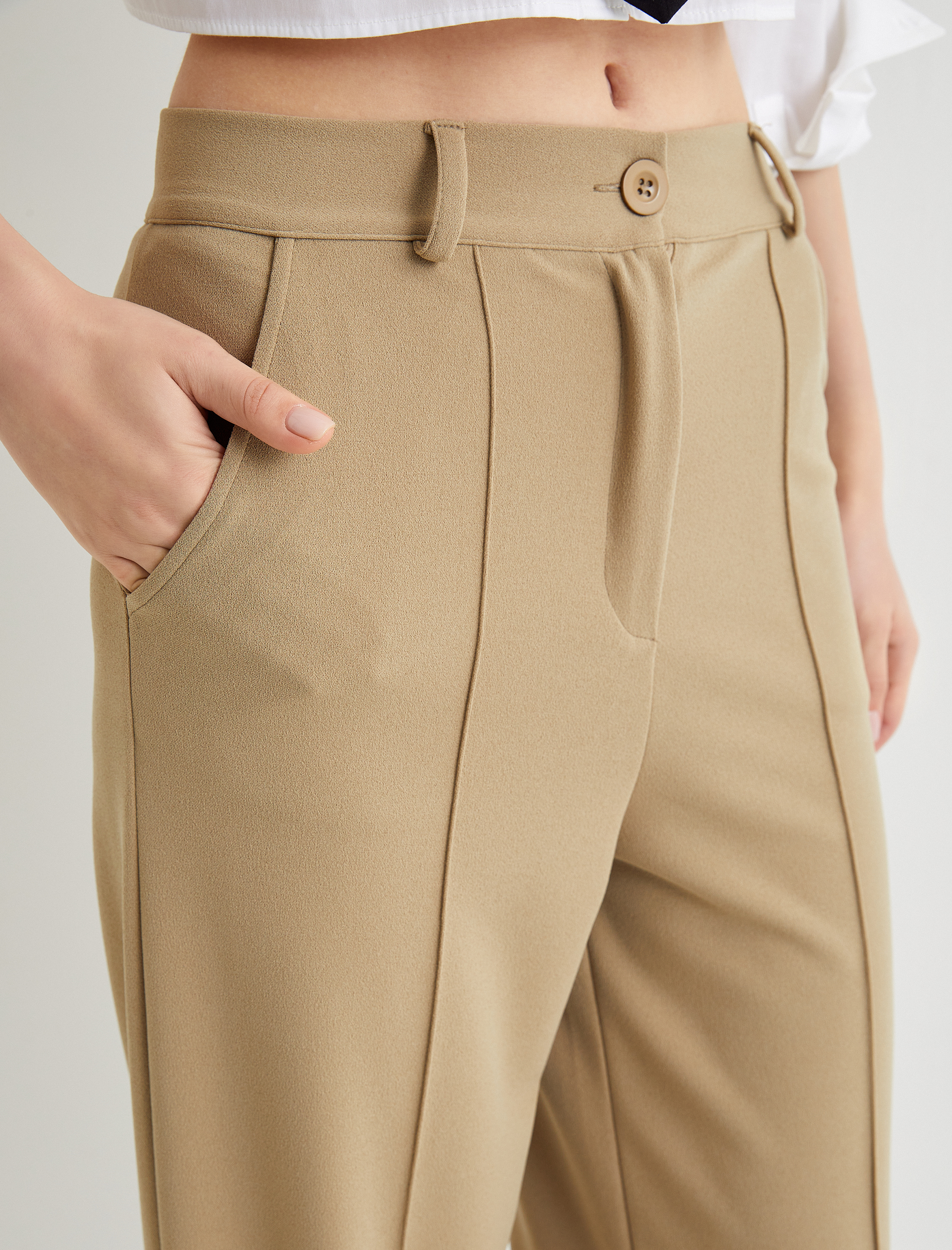   Kumaş Pantolon Yüksek Bel Geniş Paça Rahat Kalıp Nervürlü Cepli