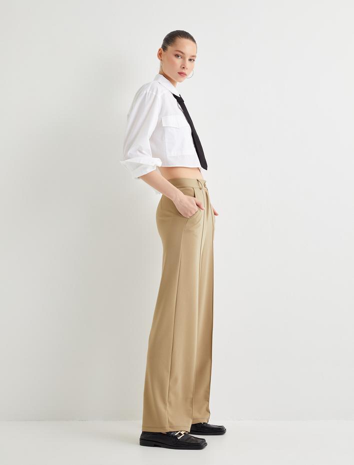  Kumaş Pantolon Yüksek Bel Geniş Paça Rahat Kalıp Nervürlü Cepli
