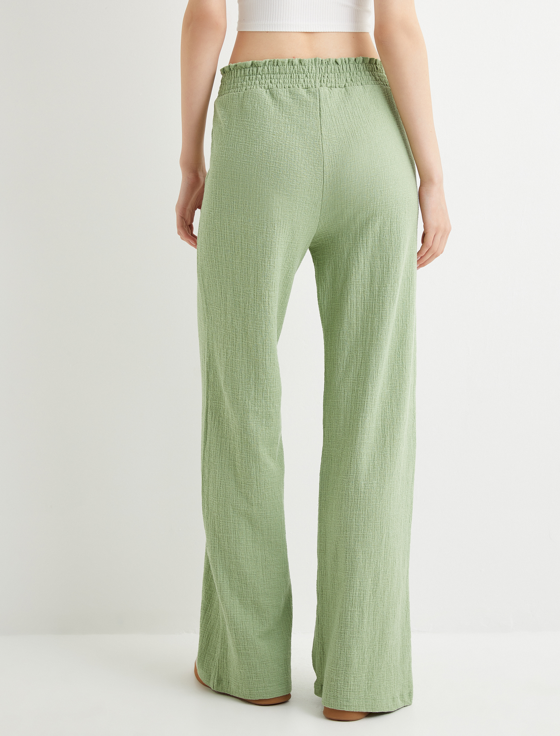   Geniş Paça Pantolon Beli Bağlamalı Lastikli Rahat Kalıp Pamuklu Dokulu Bürümcük