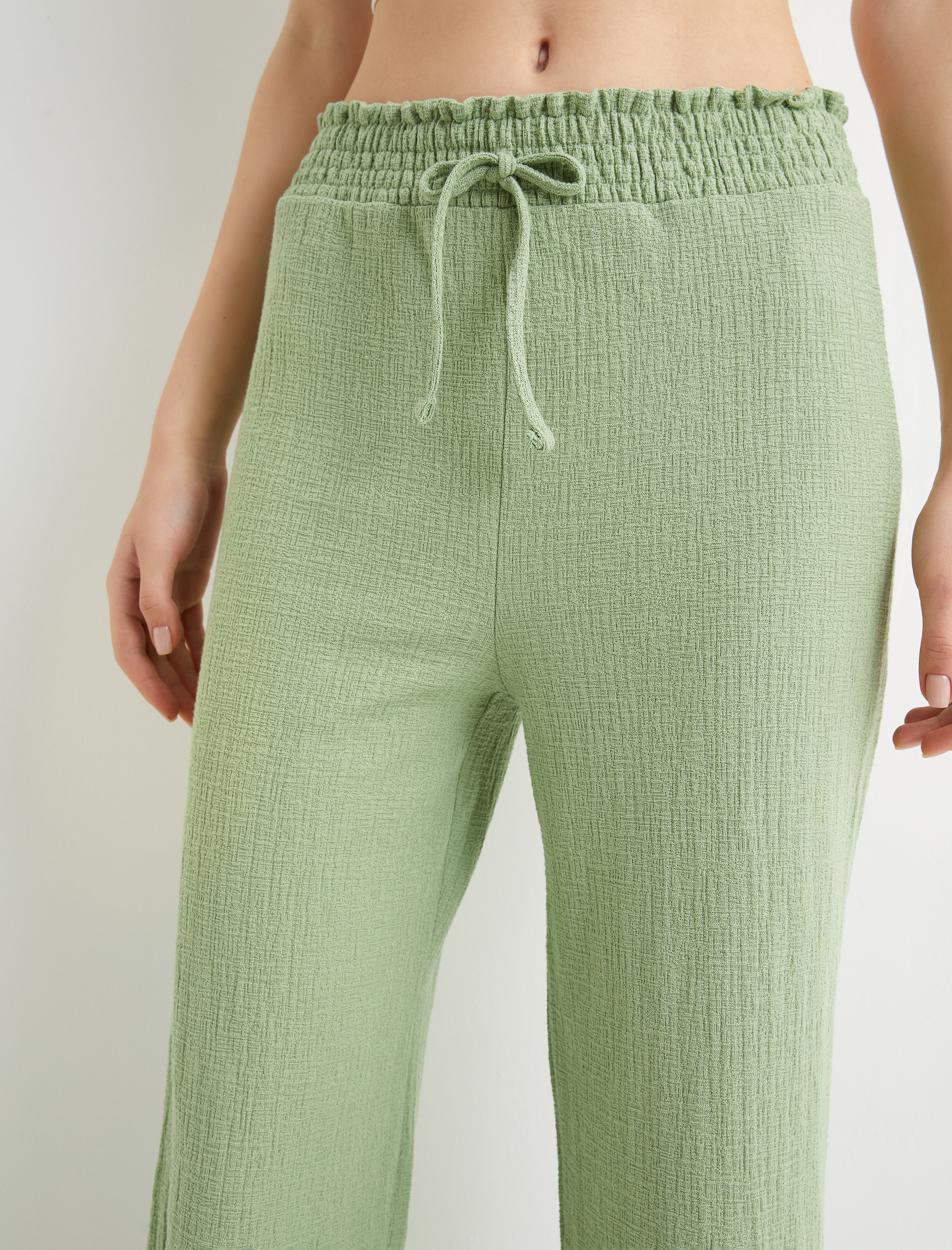   Geniş Paça Pantolon Beli Bağlamalı Lastikli Rahat Kalıp Pamuklu Dokulu Bürümcük