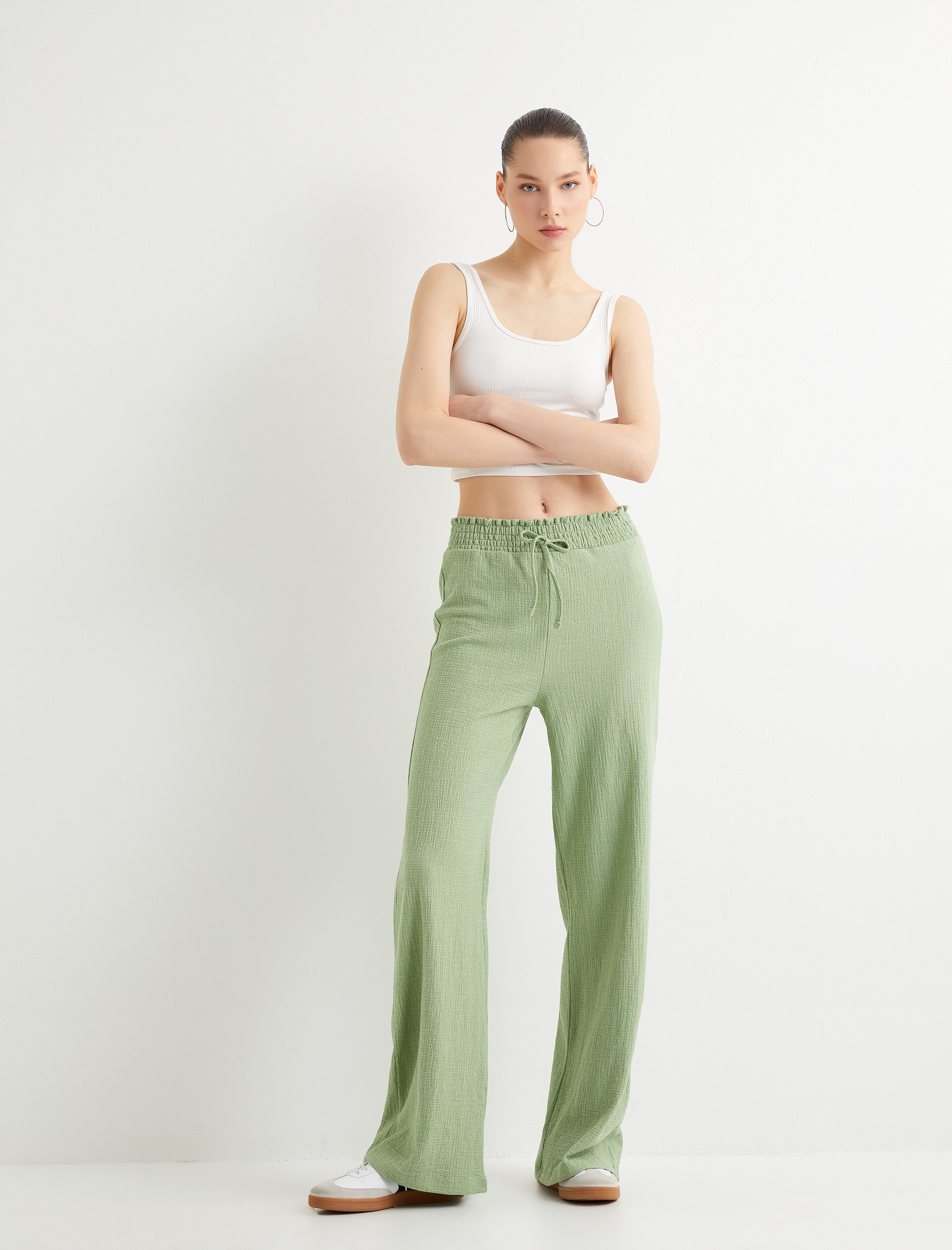   Geniş Paça Pantolon Beli Bağlamalı Lastikli Rahat Kalıp Pamuklu Dokulu Bürümcük