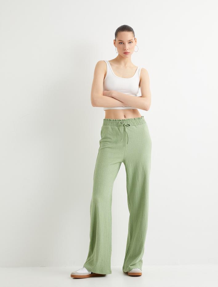  Geniş Paça Pantolon Beli Bağlamalı Lastikli Rahat Kalıp Pamuklu Dokulu Bürümcük