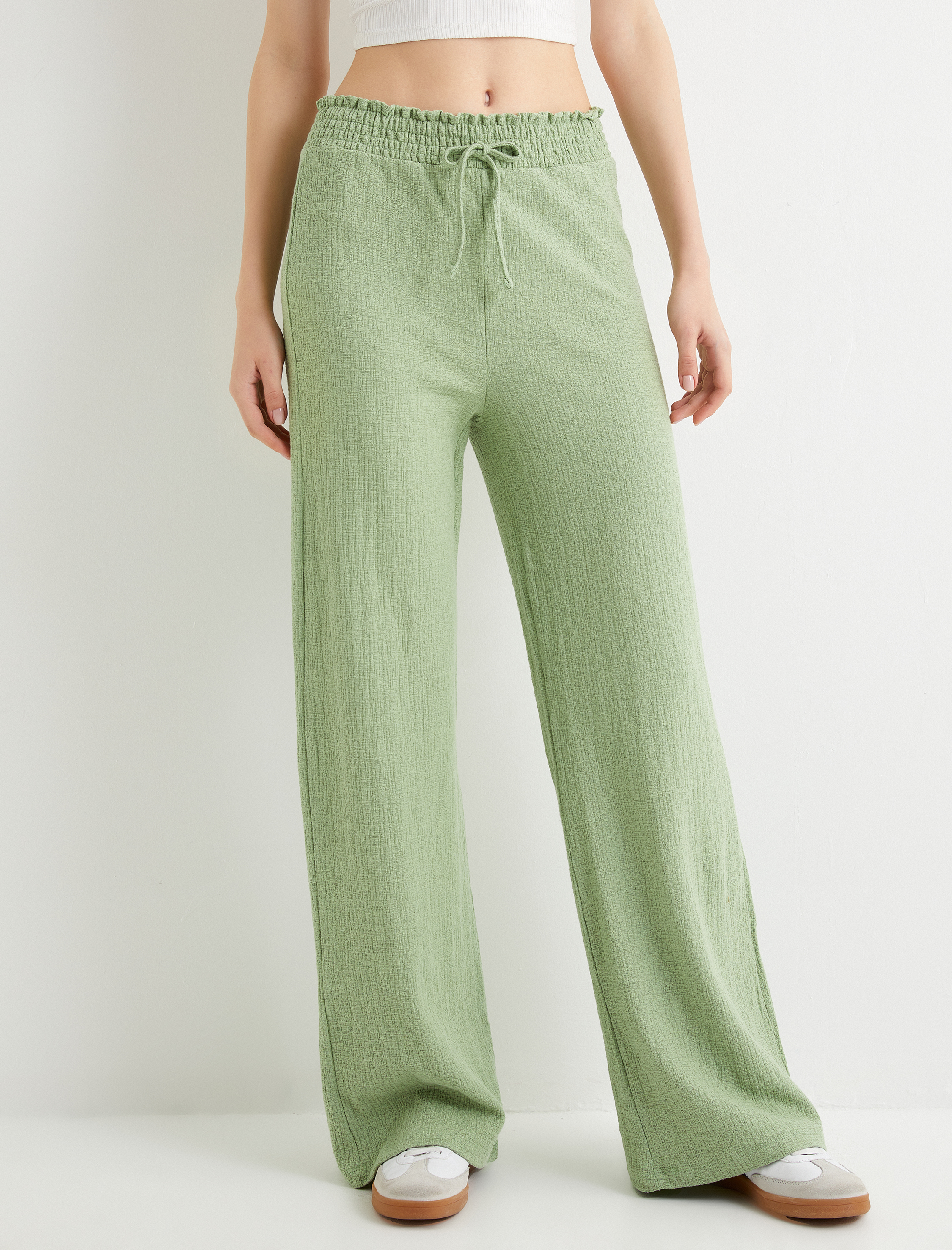   Geniş Paça Pantolon Beli Bağlamalı Lastikli Rahat Kalıp Pamuklu Dokulu Bürümcük