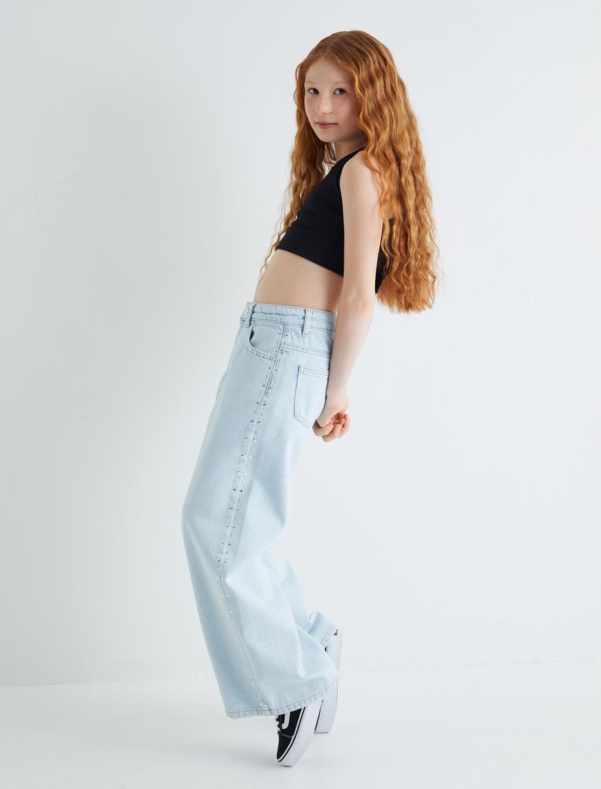  Kız Çocuk Geniş Paça Kot Pantolon Cepli Pamuklu - Wide Leg Jean