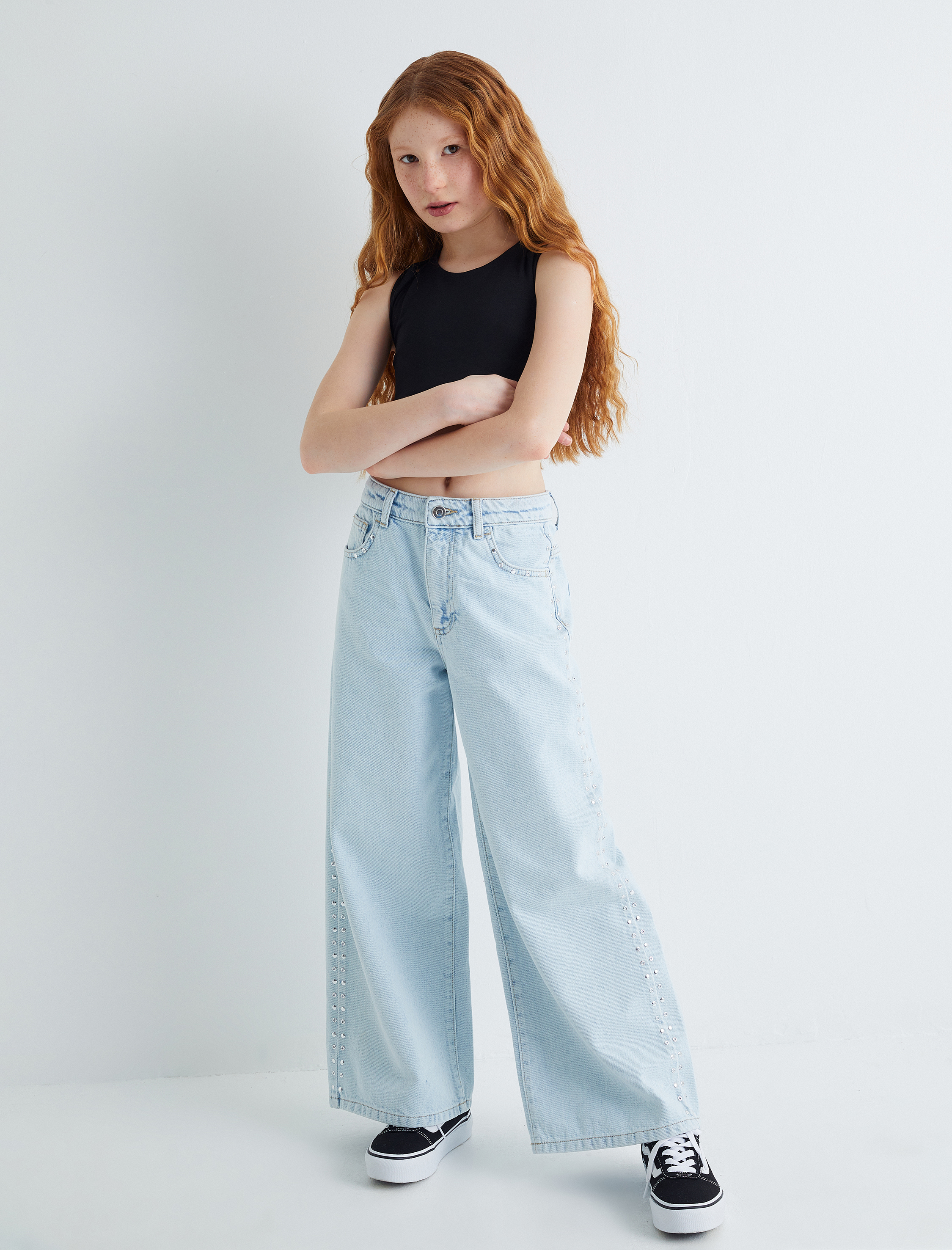  Kız Çocuk Geniş Paça Kot Pantolon Cepli Pamuklu - Wide Leg Jean