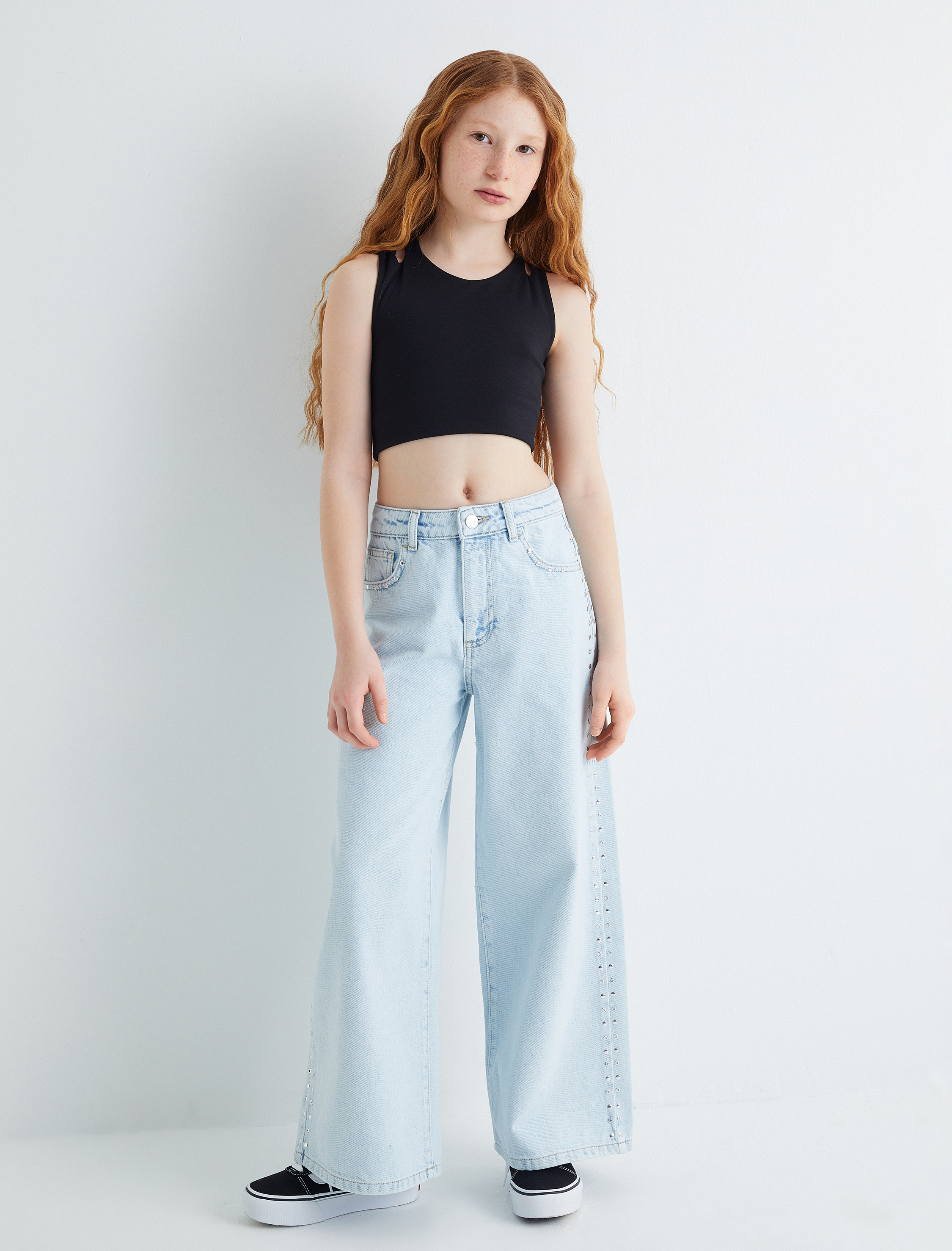  Kız Çocuk Geniş Paça Kot Pantolon Cepli Pamuklu - Wide Leg Jean