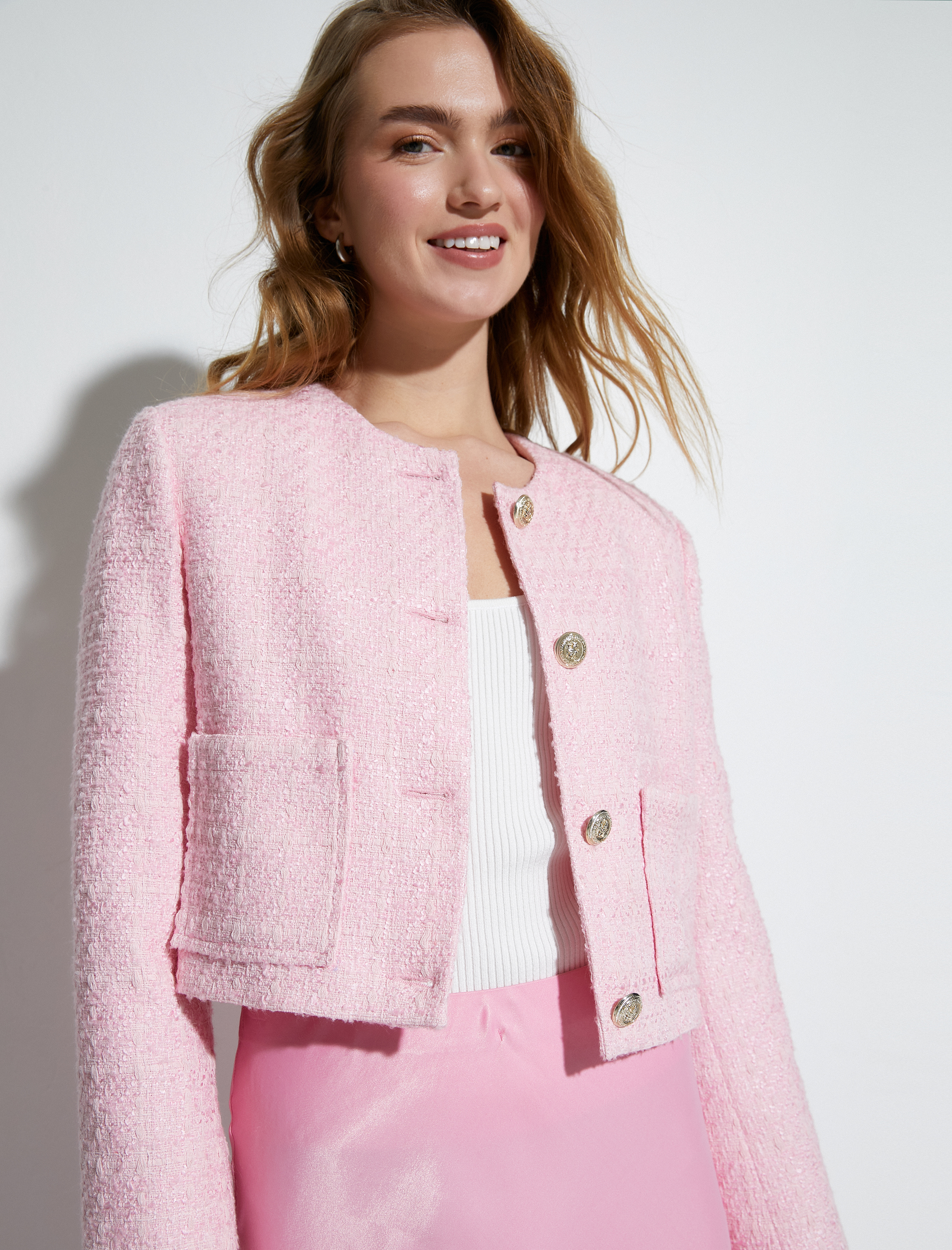 Crop Tüvit Ceket Gold Düğmeli Cep Detaylı