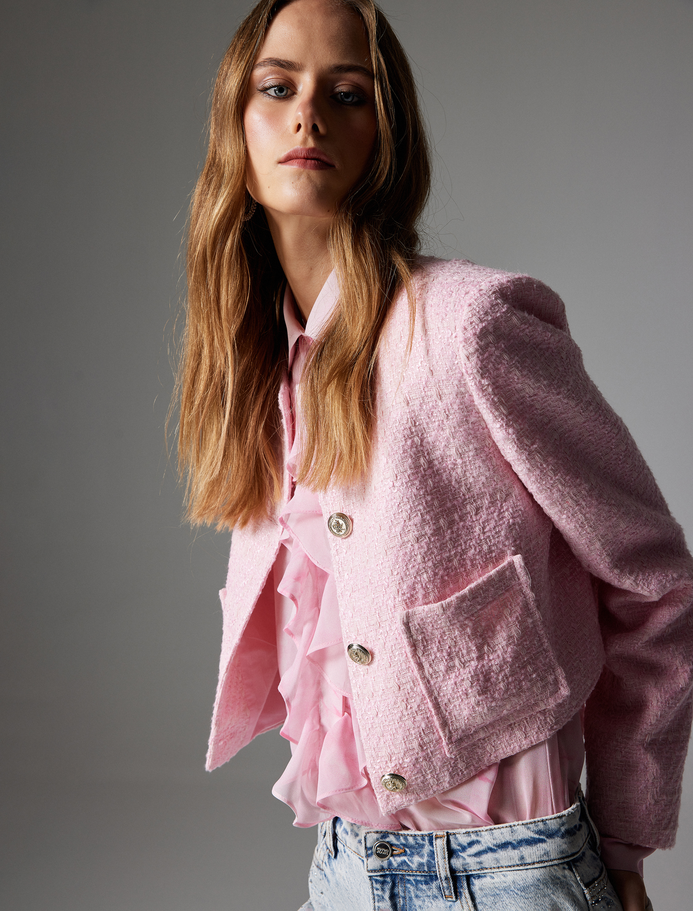 Crop Tüvit Ceket Gold Düğmeli Cep Detaylı