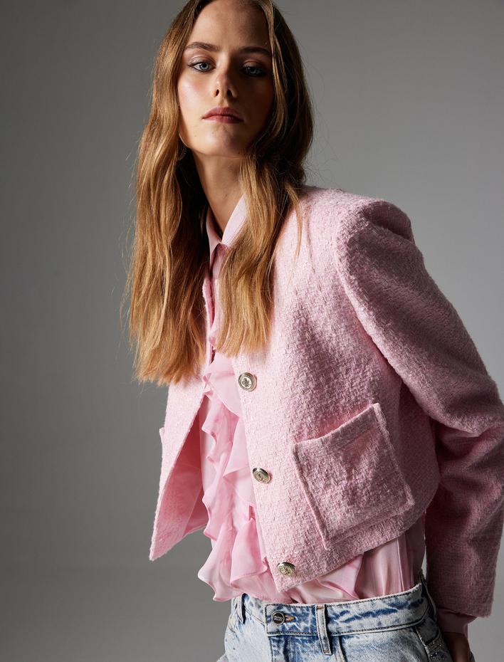  Crop Tüvit Ceket Gold Düğmeli Cep Detaylı