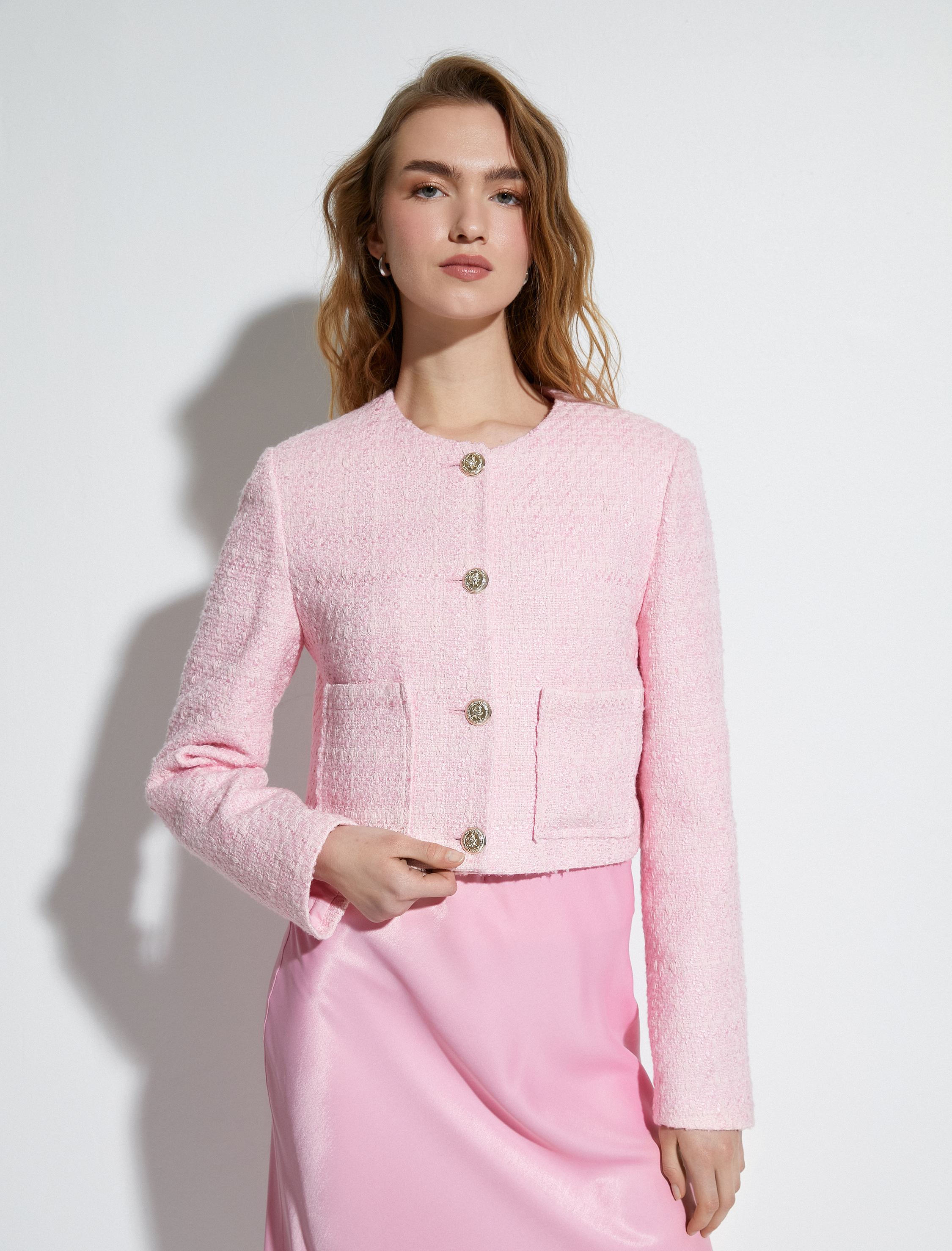 Crop Tüvit Ceket Gold Düğmeli Cep Detaylı