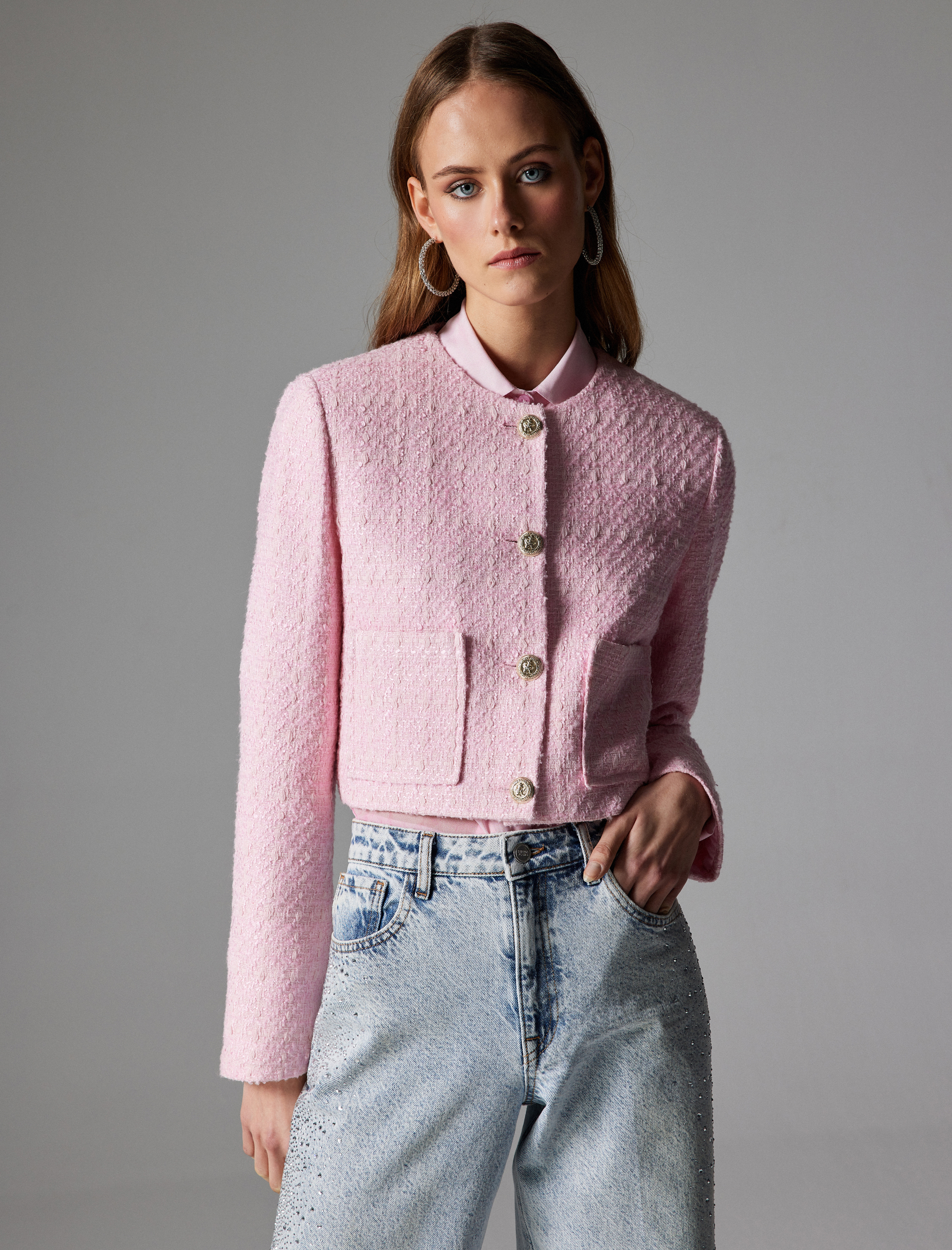 Crop Tüvit Ceket Gold Düğmeli Cep Detaylı