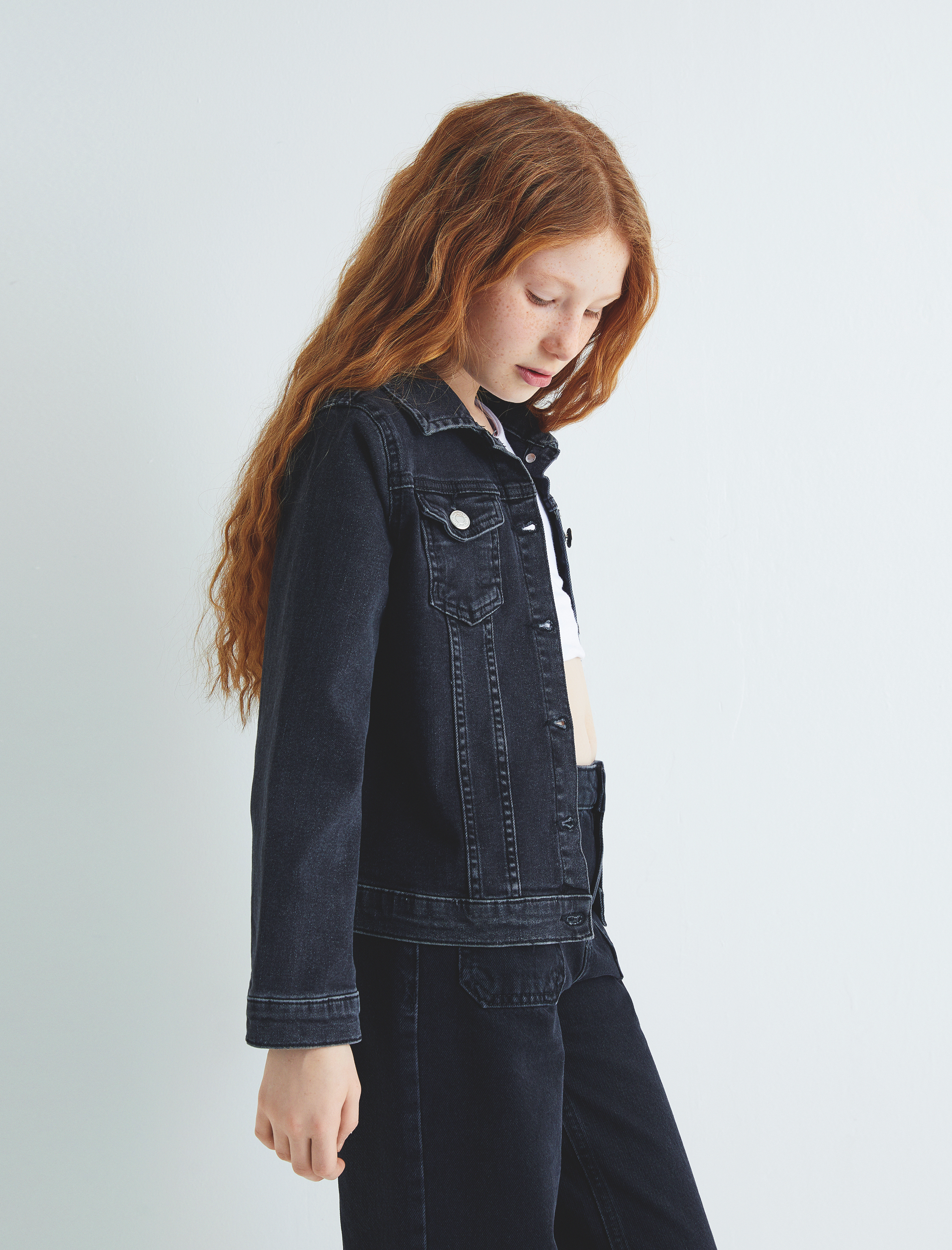  Kız Çocuk Kot Ceket Kapaklı Cep Detaylı Pamuklu Uzun Kollu