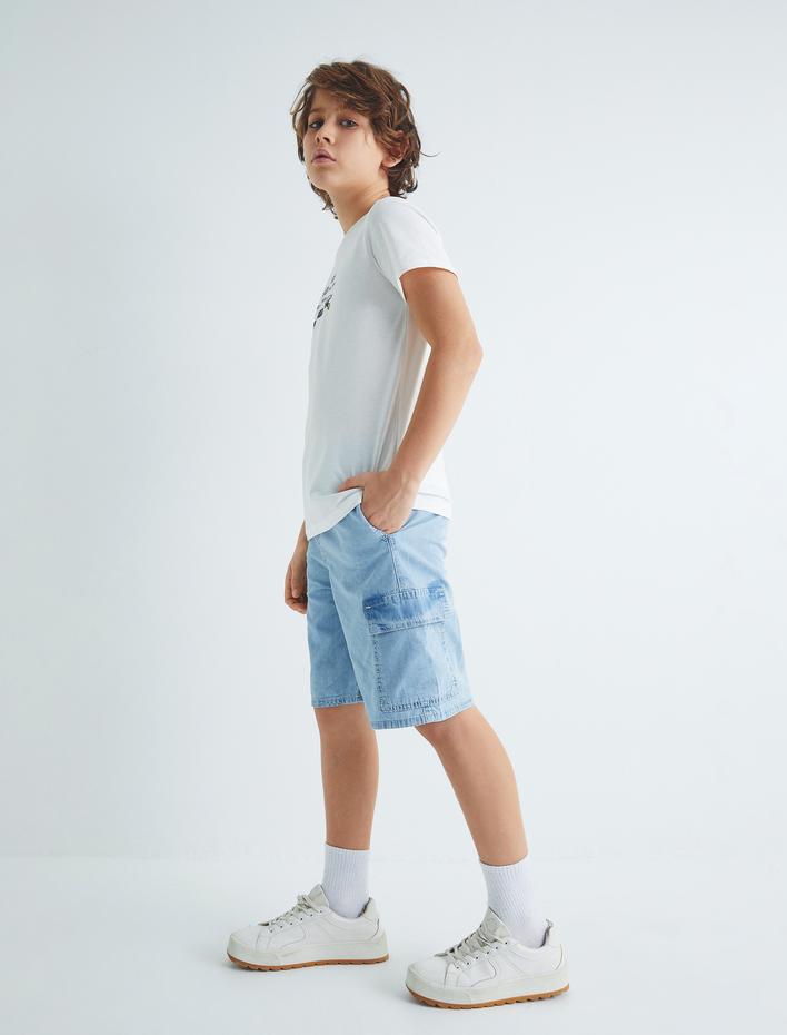 Erkek Çocuk Kargo Kot Şort Kapaklı Cepli Beli Lastikli Pamuklu