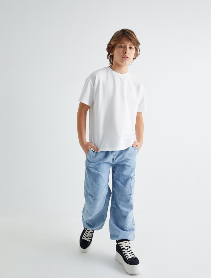 Erkek Çocuk Kot Pantolon Kat Detaylı Cepli Pamuklu - Parachute Jean
