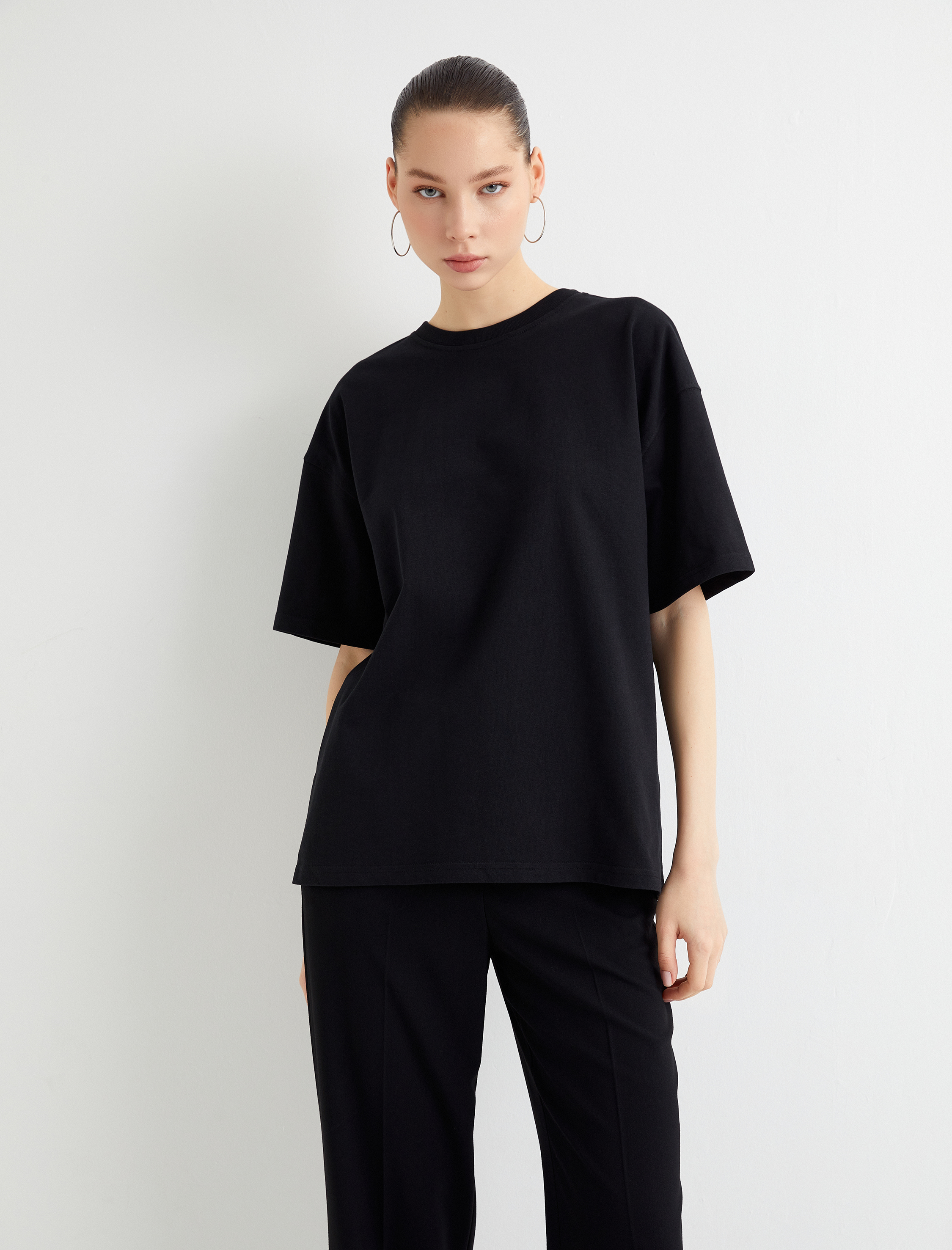   Basic Oversize Tişört Kısa Kollu Bisiklet Yaka Pamuklu