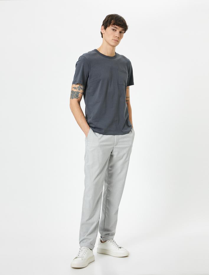  Bisiklet Yaka Tişört Cep Detaylı Kısa Kollu Pamuklu