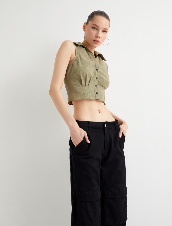  Kolsuz Crop Gömlek Slim Fit Korse Detaylı