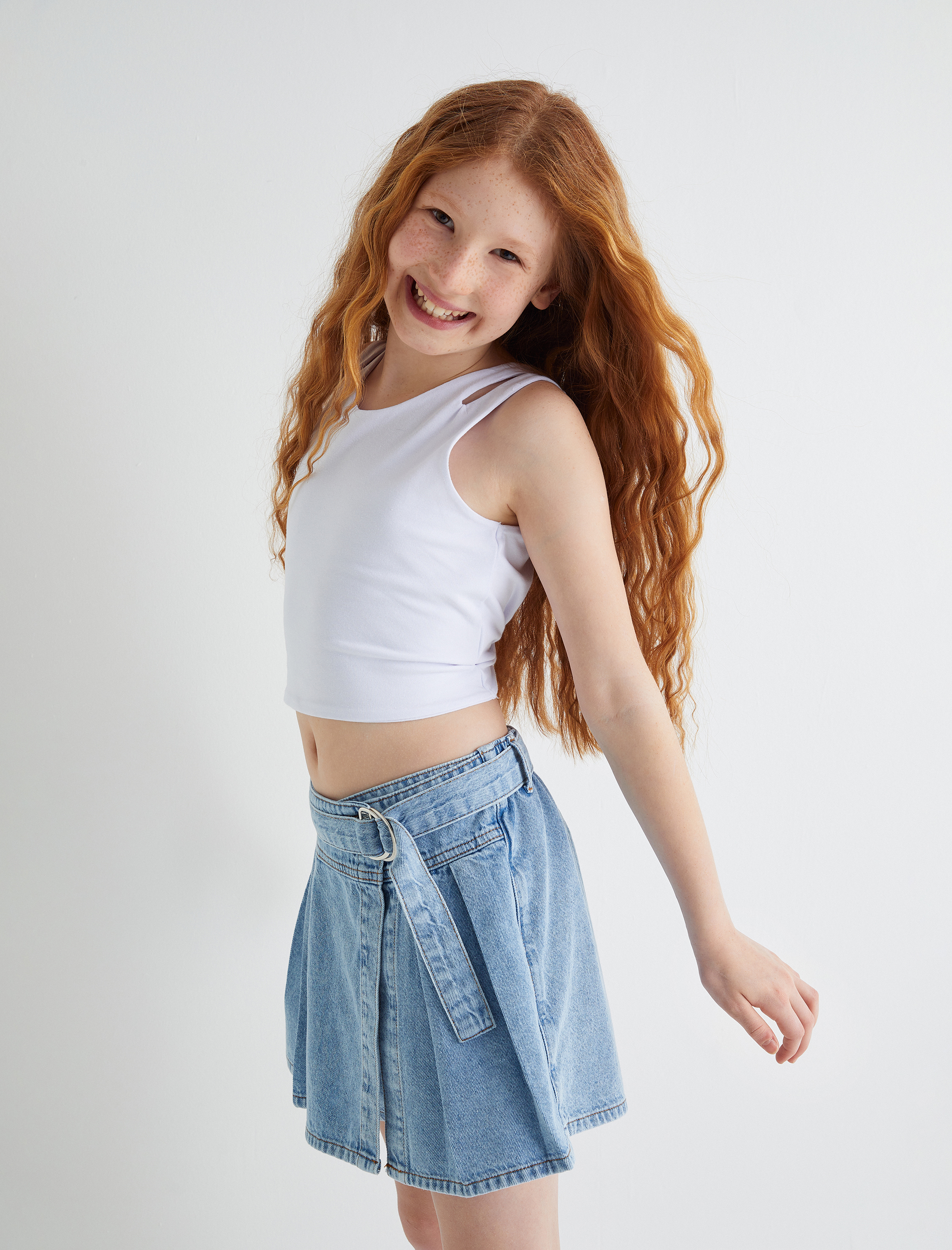 Kız Çocuk Kot Şort Etek Kemer Detaylı Pamuklu