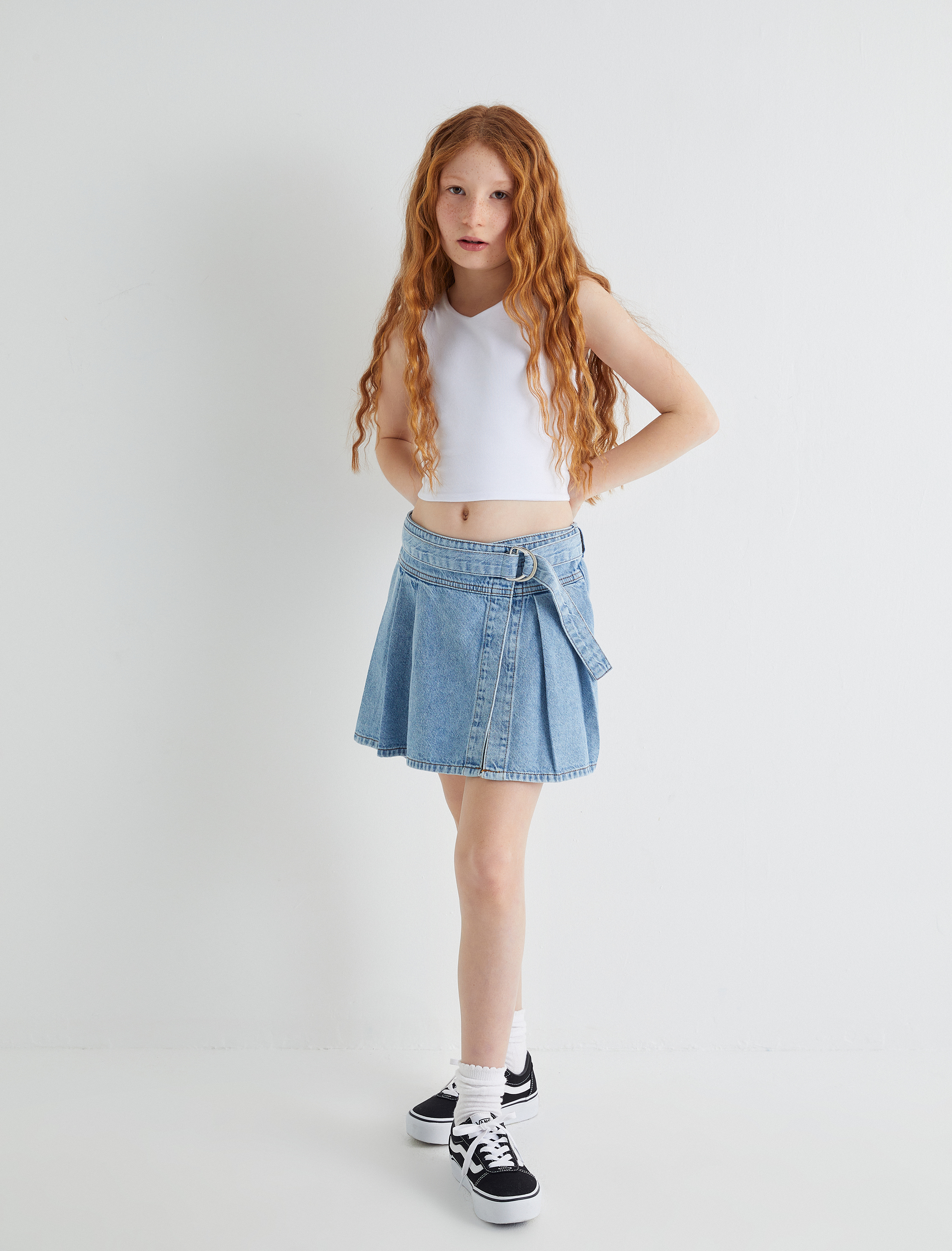 Kız Çocuk Kot Şort Etek Kemer Detaylı Pamuklu