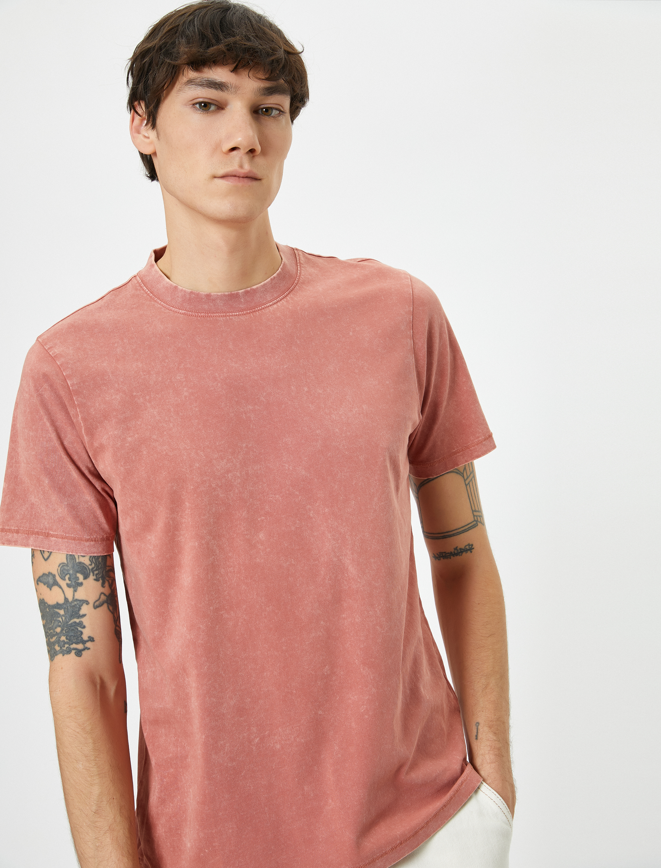   Yıkamalı Tişört Slogan İşlemeli Bisiklet Yaka Kısa Kollu Pamuklu