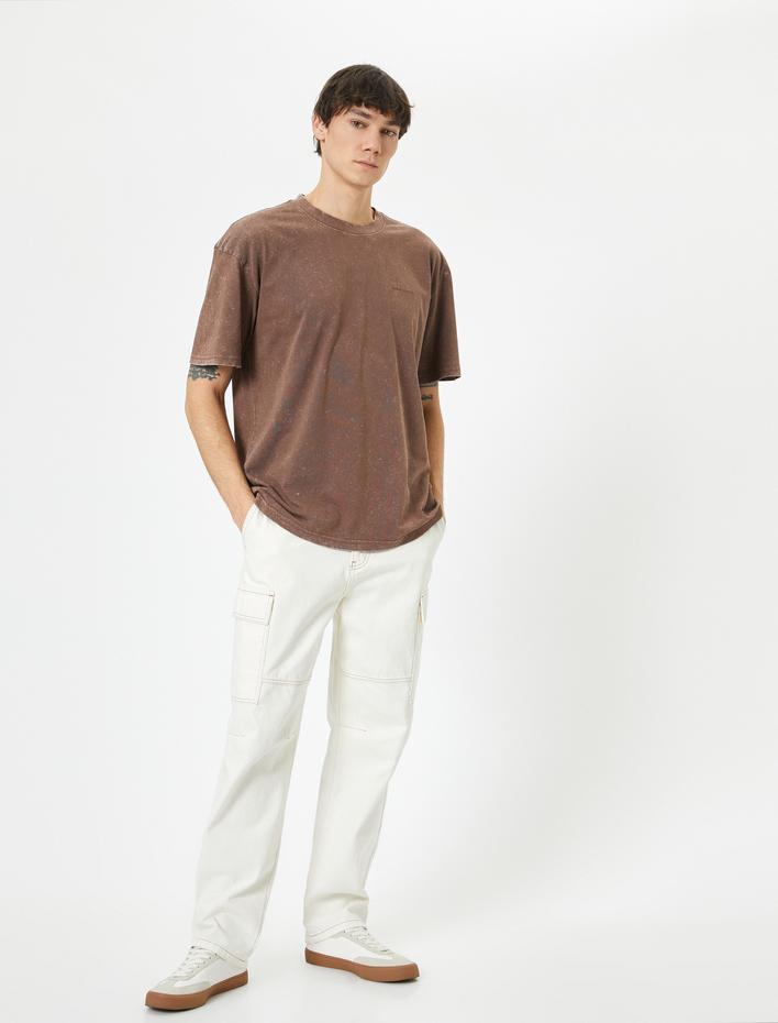  Yıkamalı Tişört Slogan İşlemeli Bisiklet Yaka Kısa Kollu Pamuklu