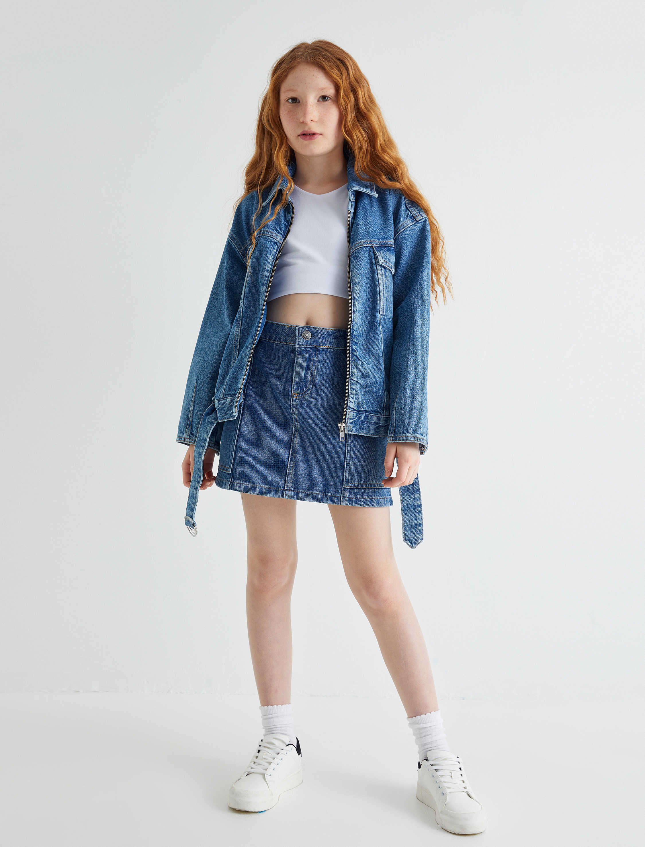  Kız Çocuk Kot Ceket Cep Detaylı Fermuar Kapamalı Pamuklu